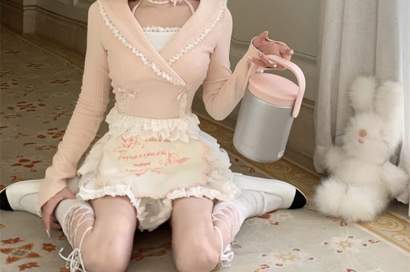 Knit Plain Lace Neck Mini Mock Apron Top Halter / Tiered Rise Set Bow Half Accent Crop Trim Skirt Two-Piece A-Line High Long-Sleeve