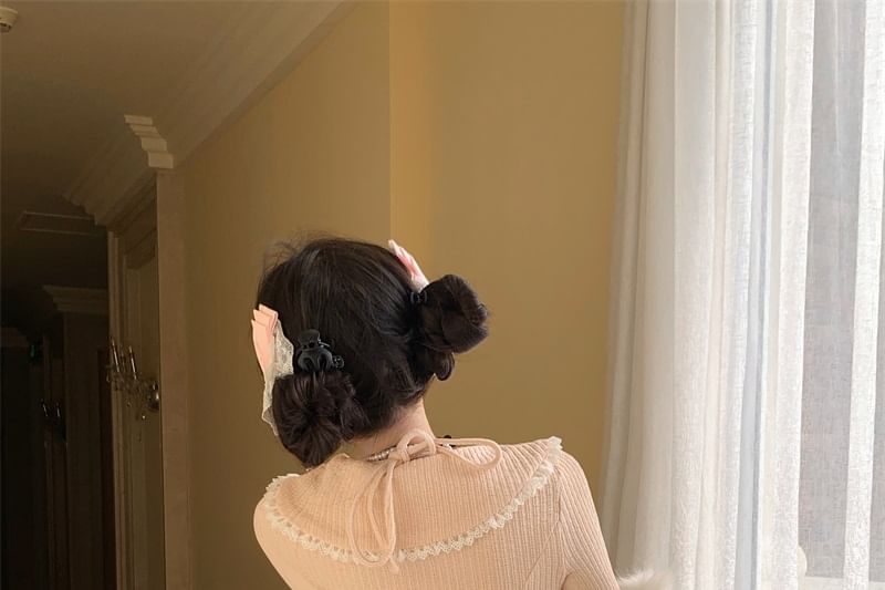 Knit Plain Lace Neck Mini Mock Apron Top Halter / Tiered Rise Set Bow Half Accent Crop Trim Skirt Two-Piece A-Line High Long-Sleeve