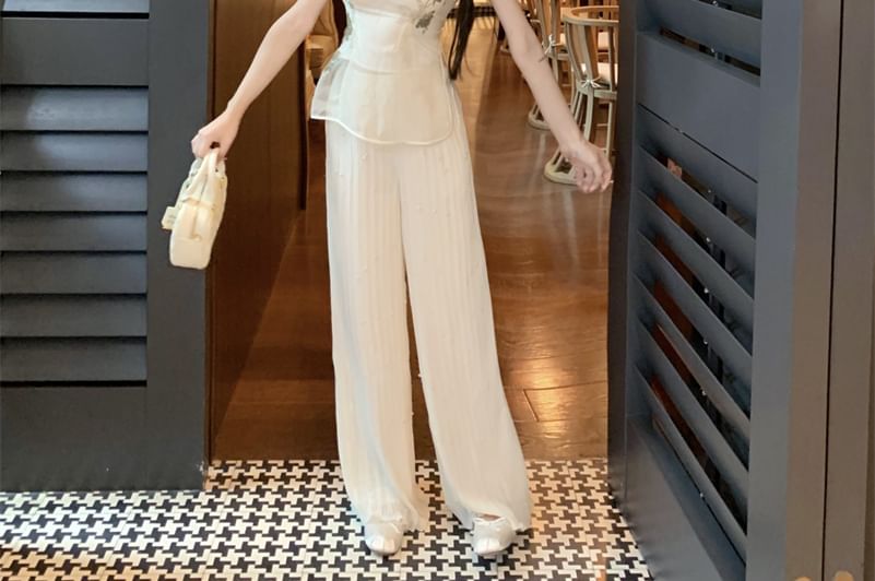 Cap-Sleeve Stand Collar Floral Embroidered Frog Buttoned Slit Top / Plain Crop Tube Top / High Rise Wide Leg Pants / Set