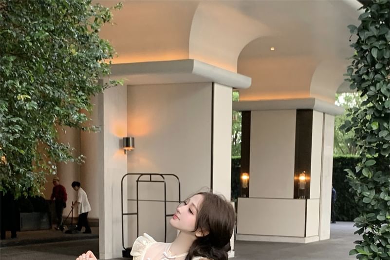 Cap-Sleeve Stand Collar Floral Embroidered Frog Buttoned Slit Top / Plain Crop Tube Top / High Rise Wide Leg Pants / Set