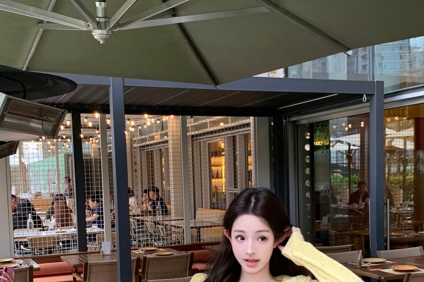 Drawstring Speckle Knit Cardigan Waist Top Pants Crop Tube / Hot Tie Front Perforated