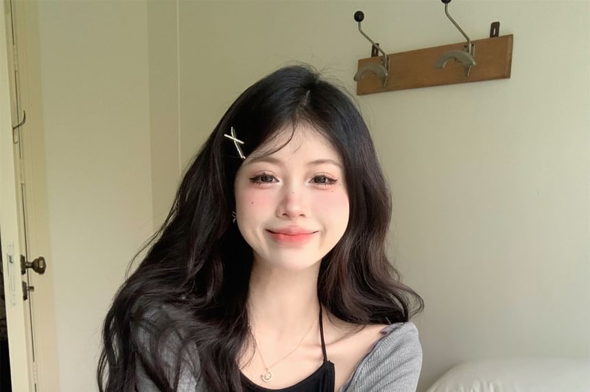 Top Crop Set Halter / Plain Accent Skort Waist A-Line Neck Mini Long-Sleeve Bow High Asymmetrical T-Shirt