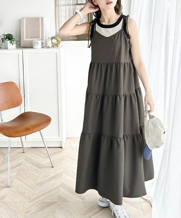 Tie Shoulder Plain Tiered Maxi A-Line Dress