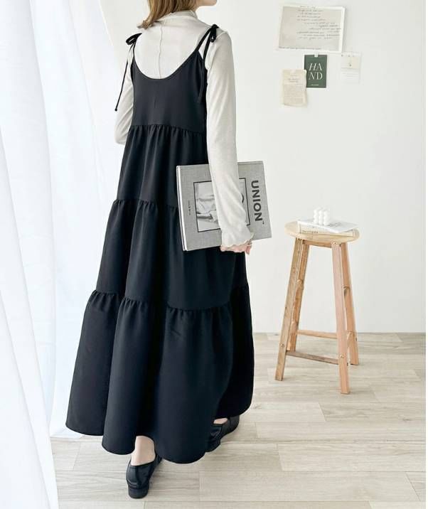 Tie Shoulder Plain Tiered Maxi A-Line Dress