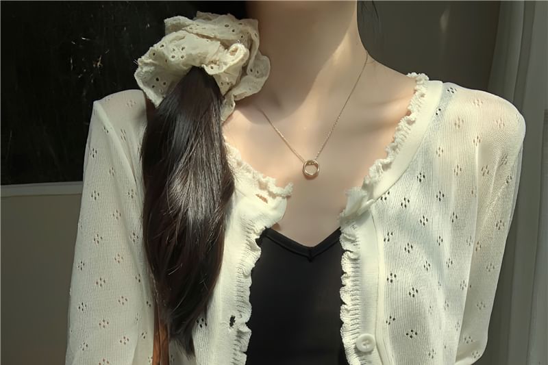 Pointelle Lettuce Knit Cardigan Edge Plain