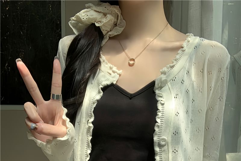 Pointelle Lettuce Knit Cardigan Edge Plain