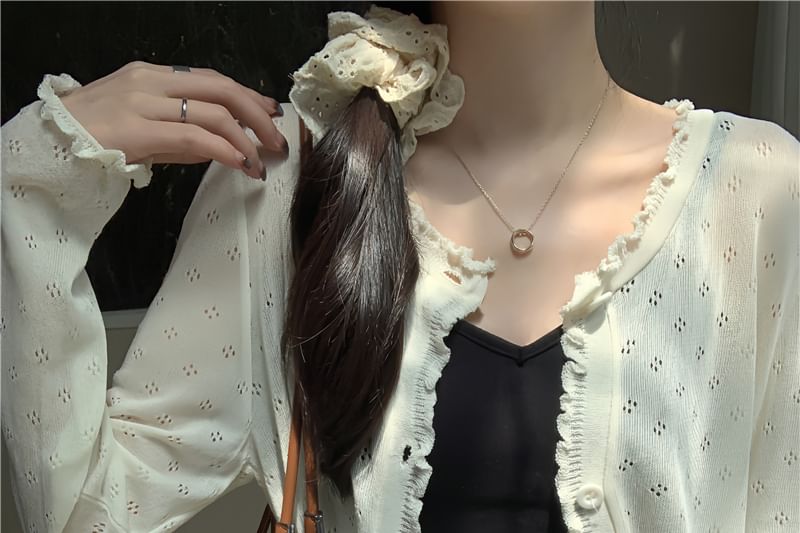 Pointelle Lettuce Knit Cardigan Edge Plain