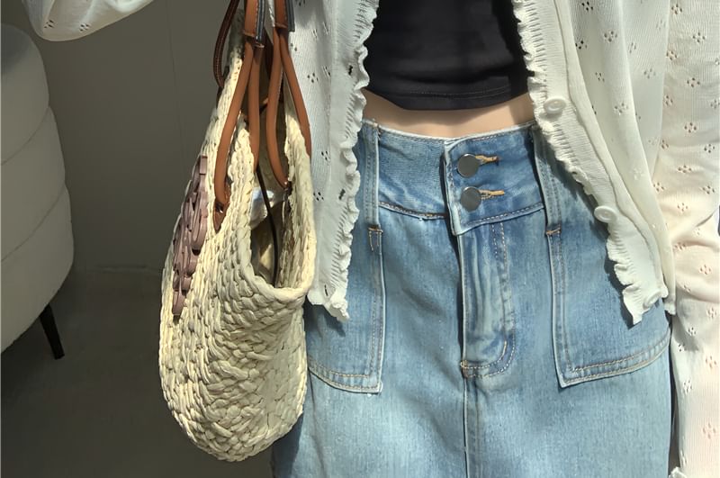 Pointelle Lettuce Knit Cardigan Edge Plain