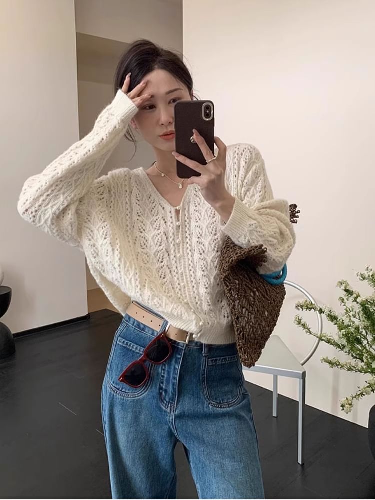 Button Pointelle Knit Pearl Cardigan Plain V-Neck Faux