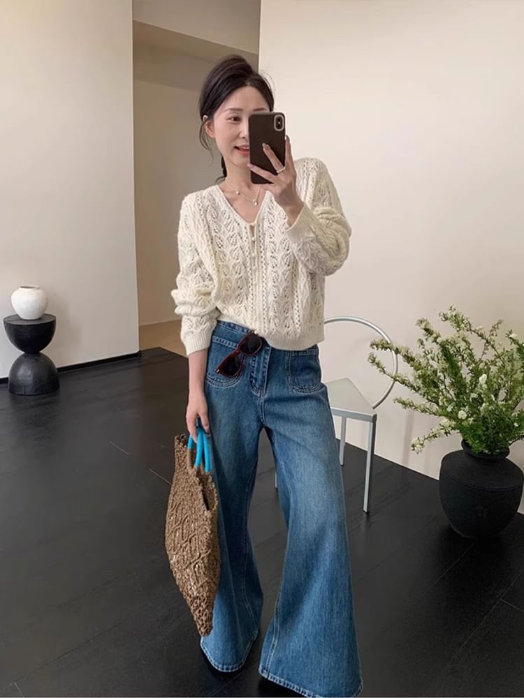 Button Pointelle Knit Pearl Cardigan Plain V-Neck Faux