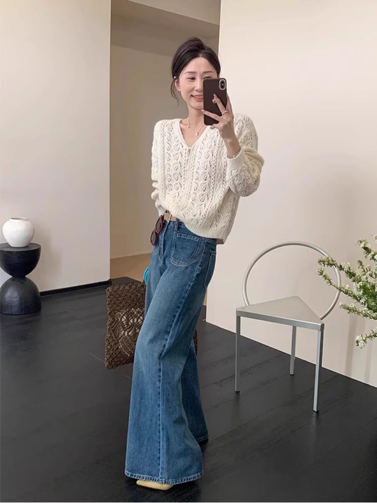 Button Pointelle Knit Pearl Cardigan Plain V-Neck Faux