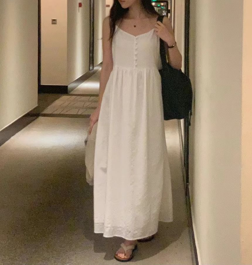 Button-Front Maxi A-Line Dress with Thin Straps