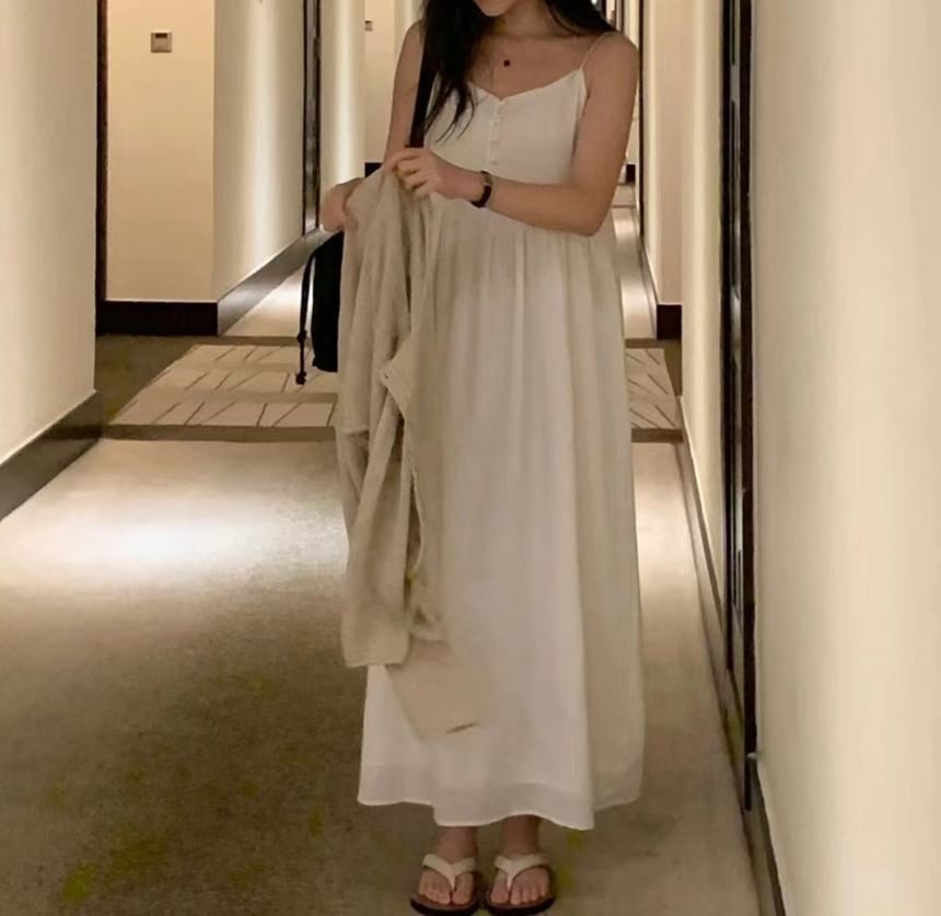 Button-Front Maxi A-Line Dress with Thin Straps