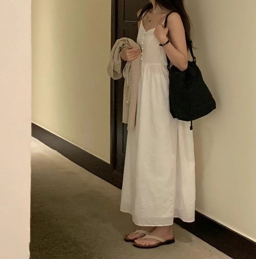 Button-Front Maxi A-Line Dress with Thin Straps