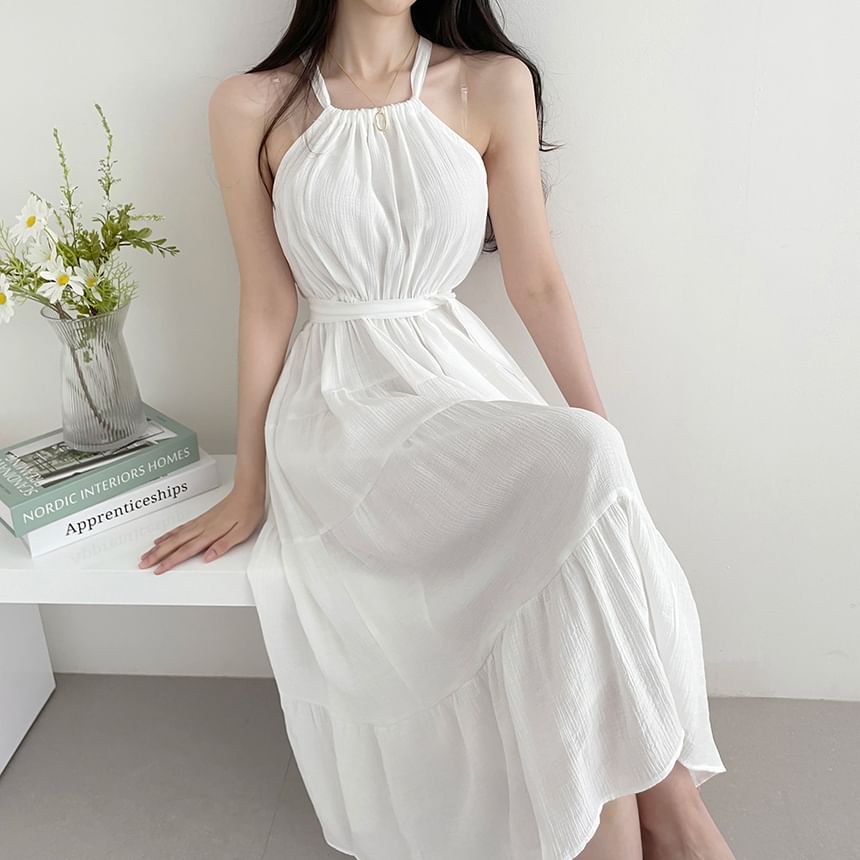 Tiered Midi A-Line Dress with Thin Straps