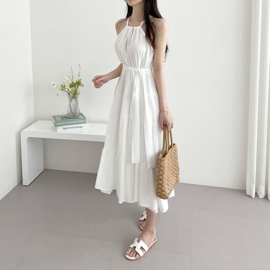Tiered Midi A-Line Dress with Thin Straps
