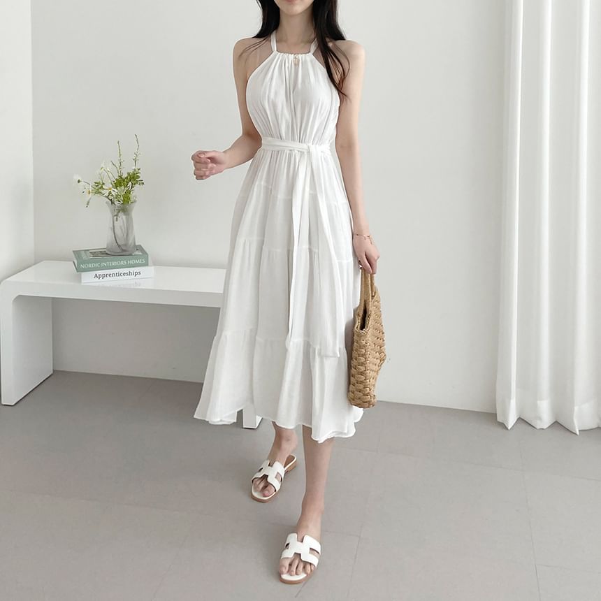 Tiered Midi A-Line Dress with Thin Straps