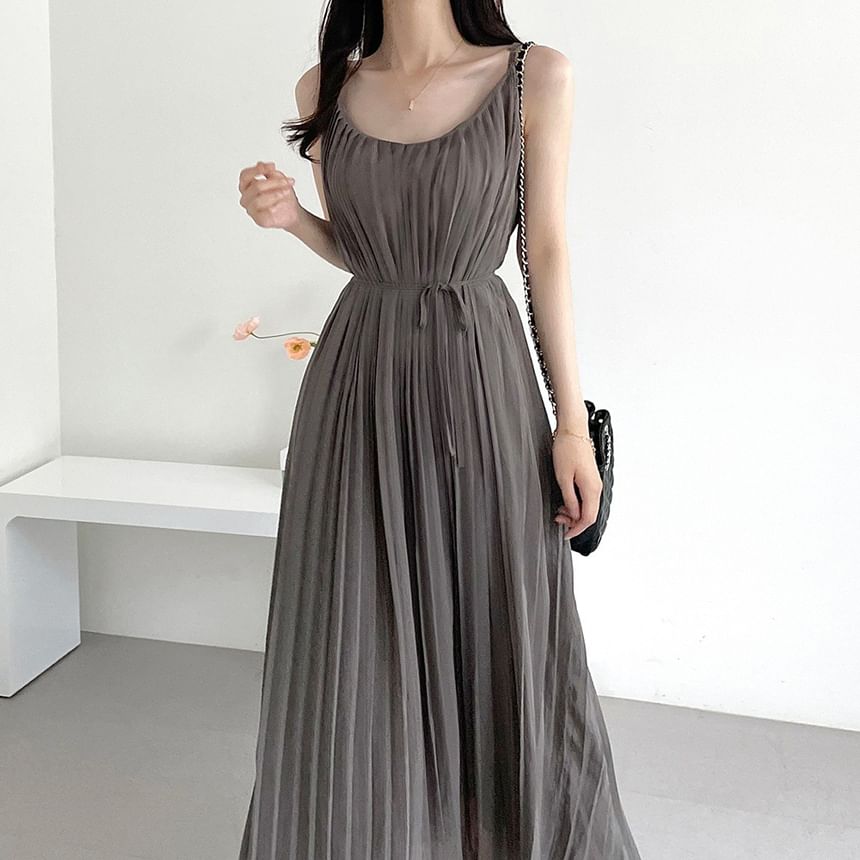 Maxi A-Line Dress with Thin Straps and Pleated Waist