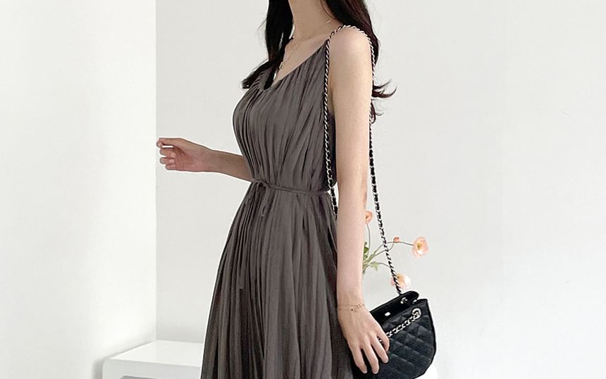 Maxi A-Line Dress with Thin Straps and Pleated Waist