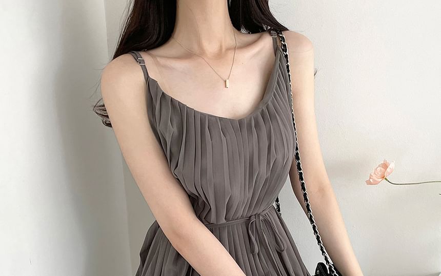 Maxi A-Line Dress with Thin Straps and Pleated Waist