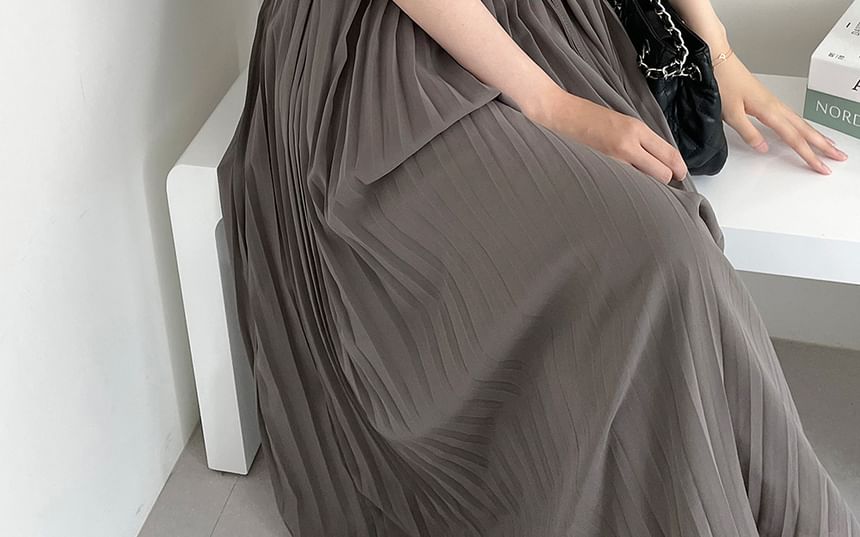 Maxi A-Line Dress with Thin Straps and Pleated Waist