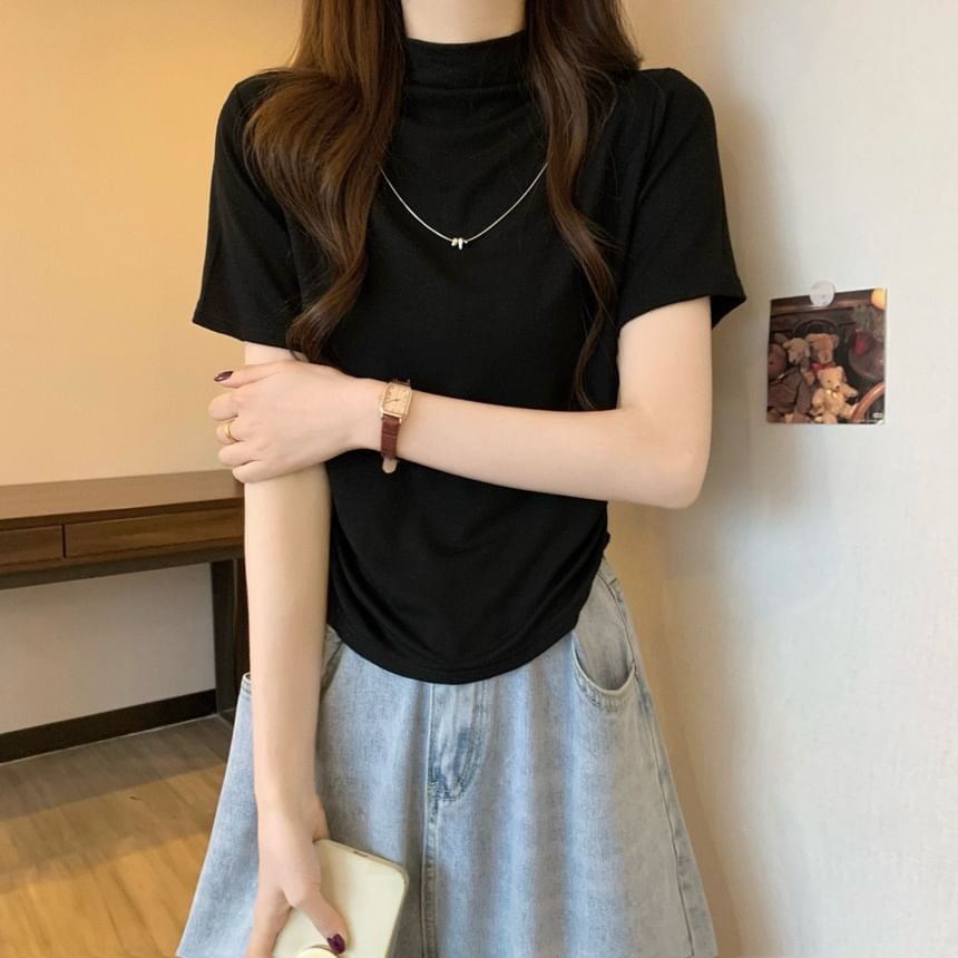 Top Ruched Short-Sleeve Knit Mock Plain Neck
