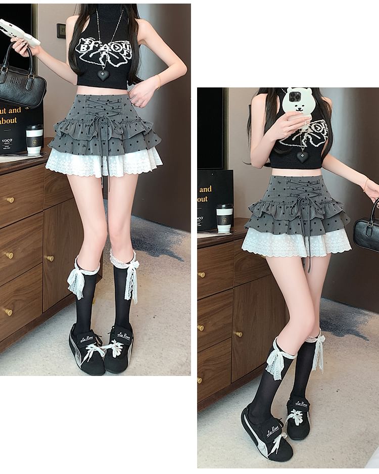 High Panel Waist Lace Skirt Bow Mini A-Line Dotted Tiered
