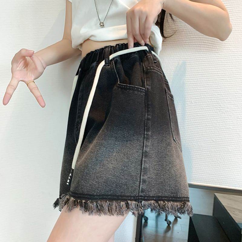 Denim Drawstring Waist Washed Fringed Shorts