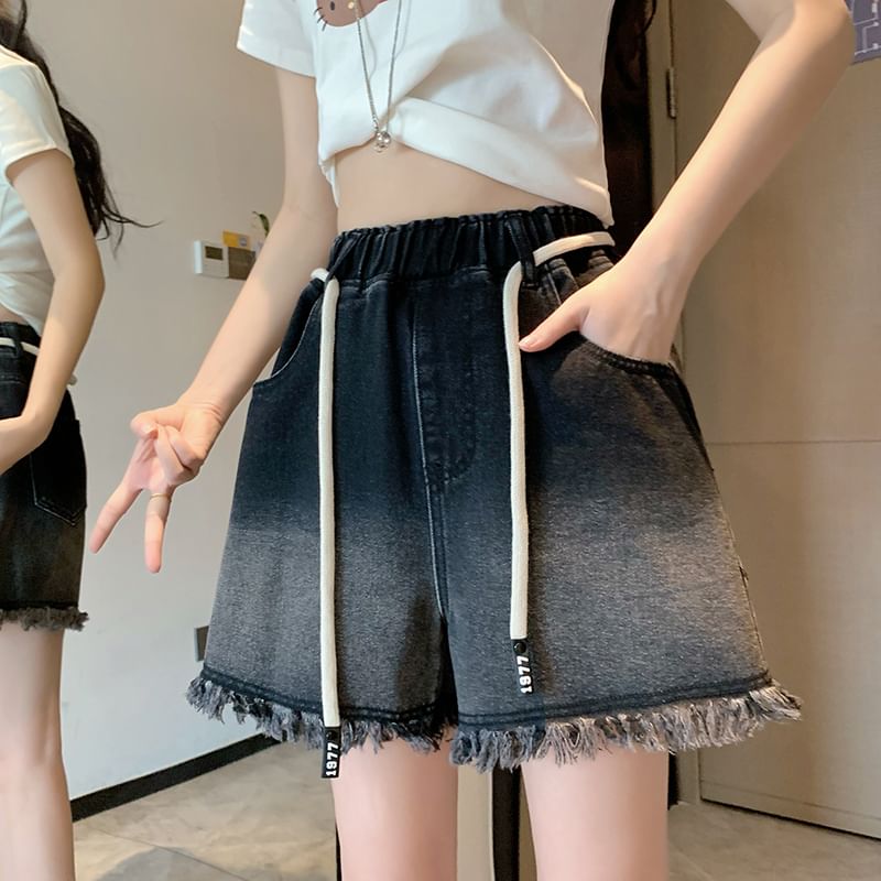 Denim Drawstring Waist Washed Fringed Shorts