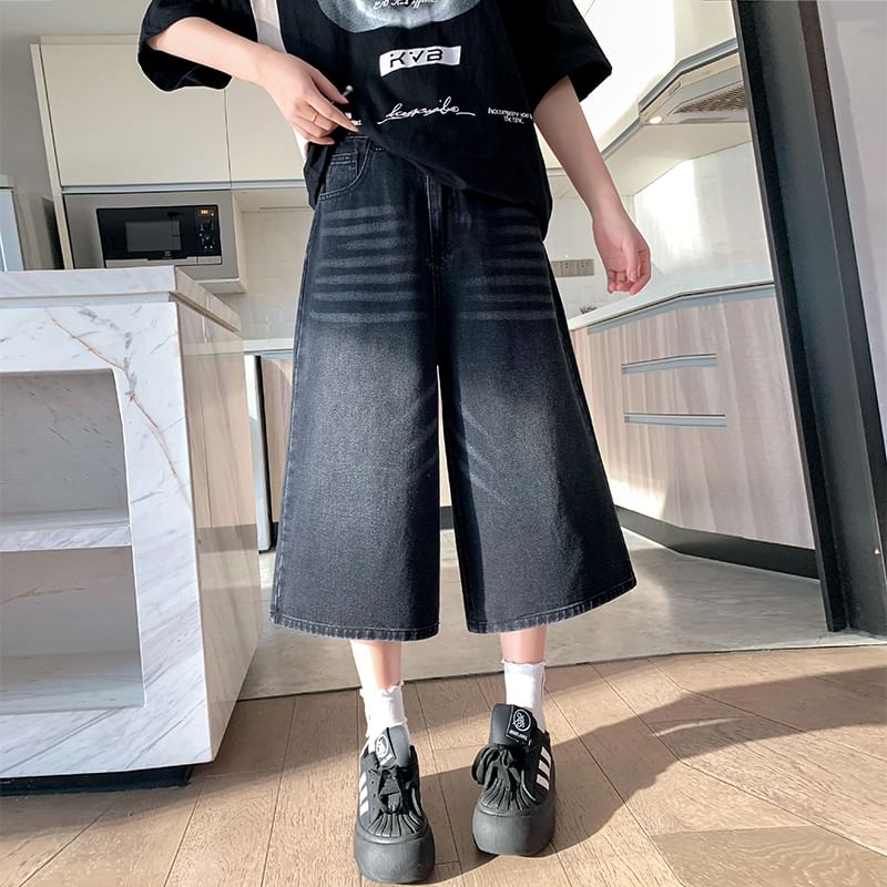 High Jeans Capri Wide Waist Washed Leg