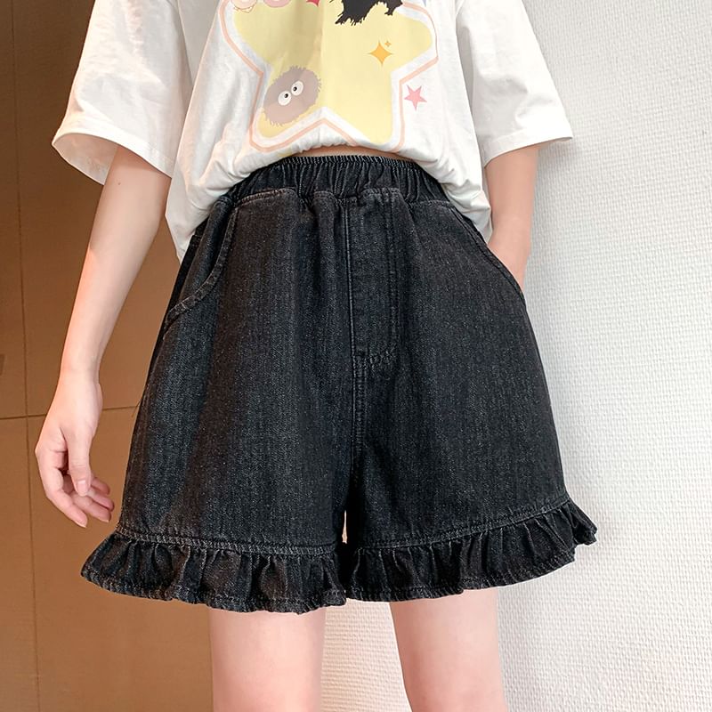 Denim Trim Waist Shorts Elastic Ruffle