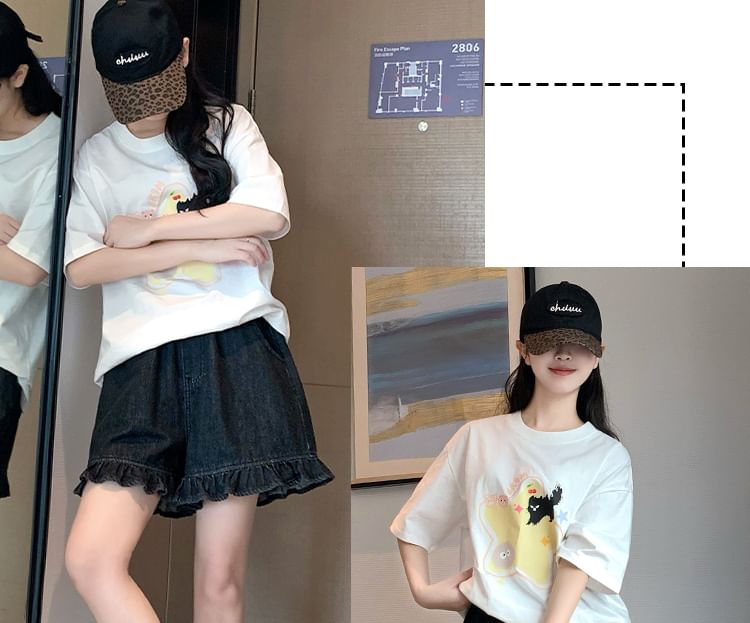 Denim Trim Waist Shorts Elastic Ruffle