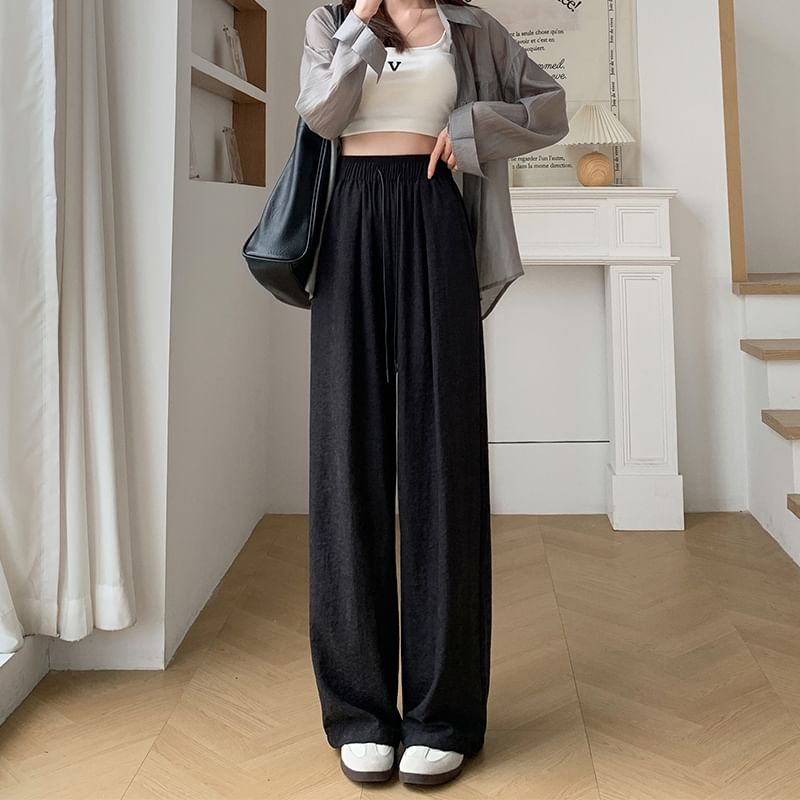 Drawstring Wide Plain Leg Pants Waist
