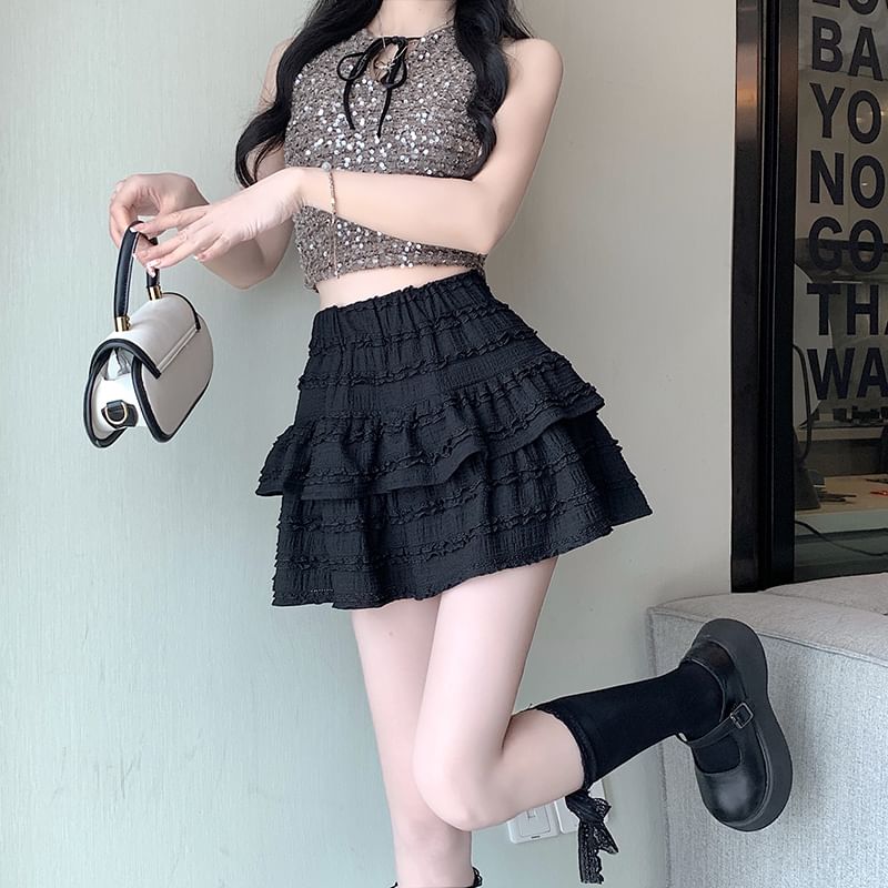 Plain A-Line Balletcore Skirt Tiered Elastic Waist Mini