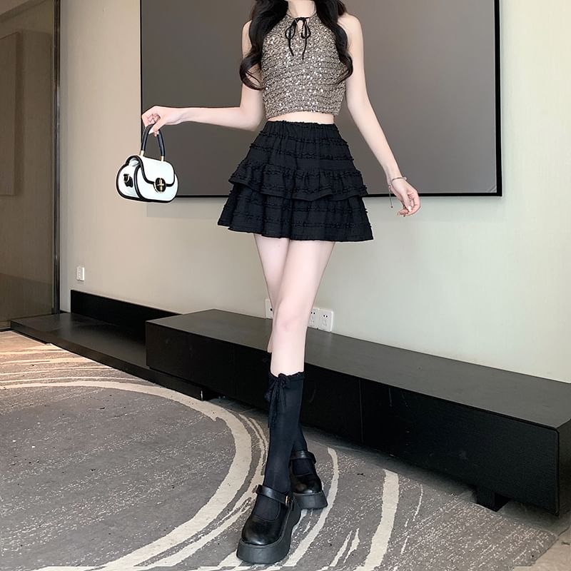 Plain A-Line Balletcore Skirt Tiered Elastic Waist Mini