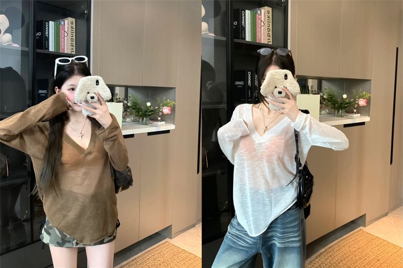 Long-Sleeve Bralette Knit Top Plain / V-Neck