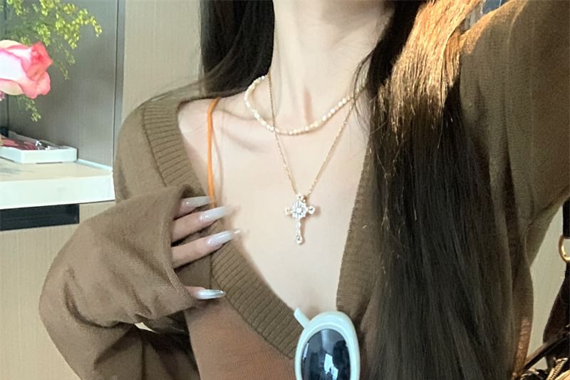 Long-Sleeve Bralette Knit Top Plain / V-Neck