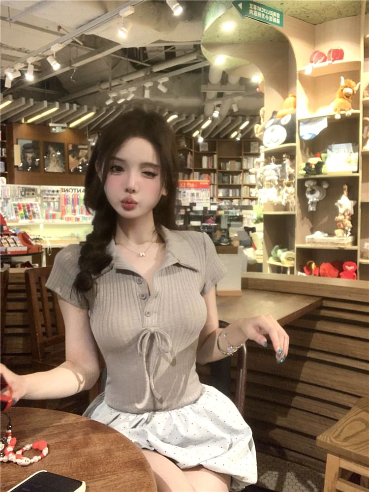 Ribbed Mini Two-Piece Panel Dress Mock Collar Short-Sleeve Knit Bubble Hem Bow A-Line