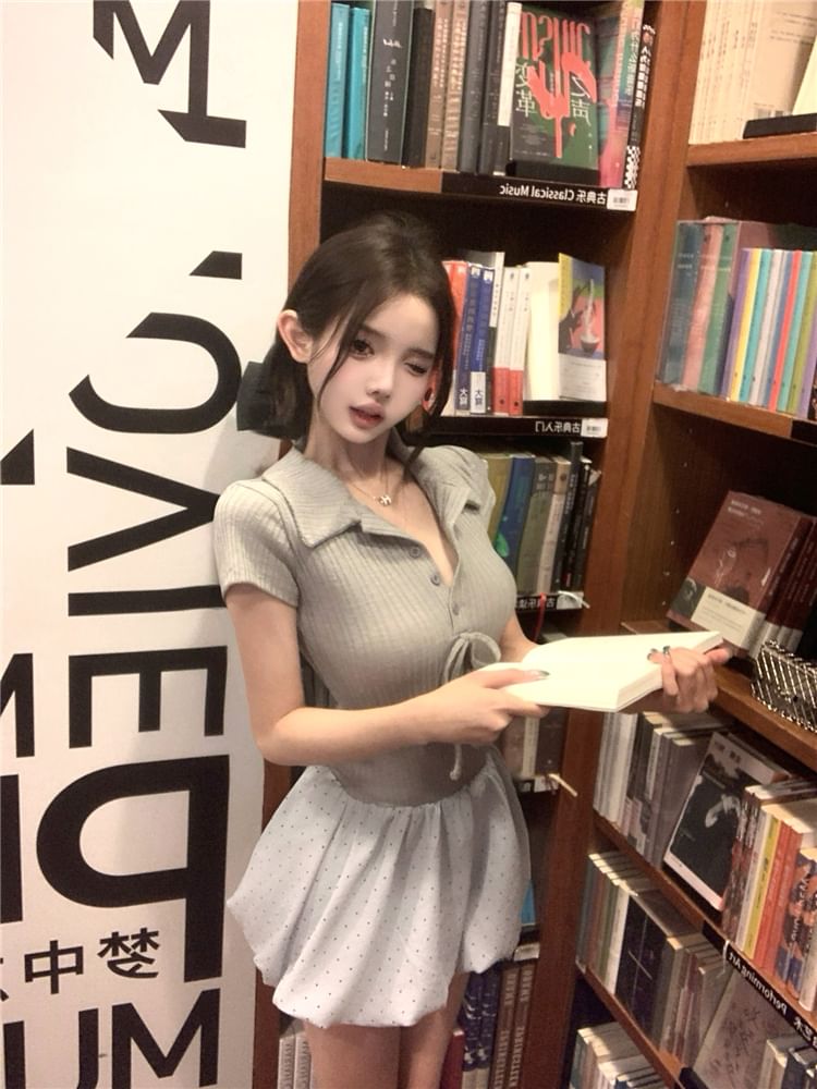 Ribbed Mini Two-Piece Panel Dress Mock Collar Short-Sleeve Knit Bubble Hem Bow A-Line