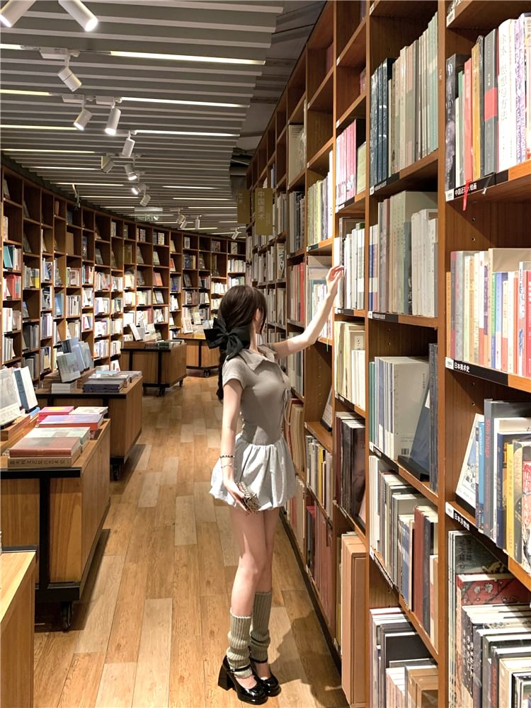 Ribbed Mini Two-Piece Panel Dress Mock Collar Short-Sleeve Knit Bubble Hem Bow A-Line