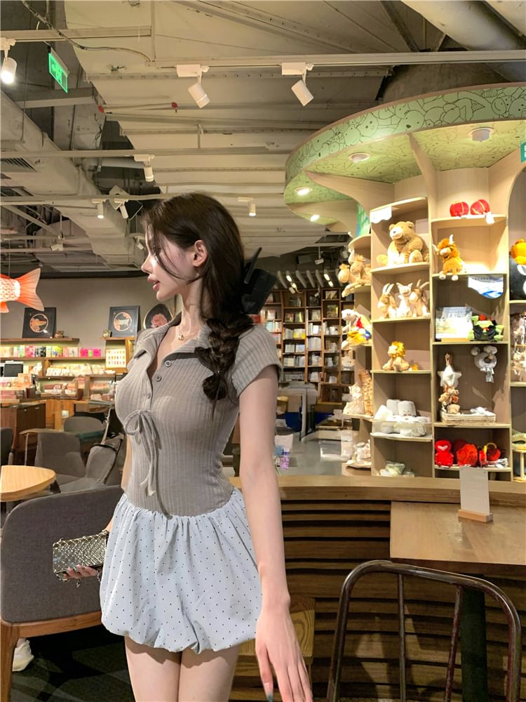 Ribbed Mini Two-Piece Panel Dress Mock Collar Short-Sleeve Knit Bubble Hem Bow A-Line