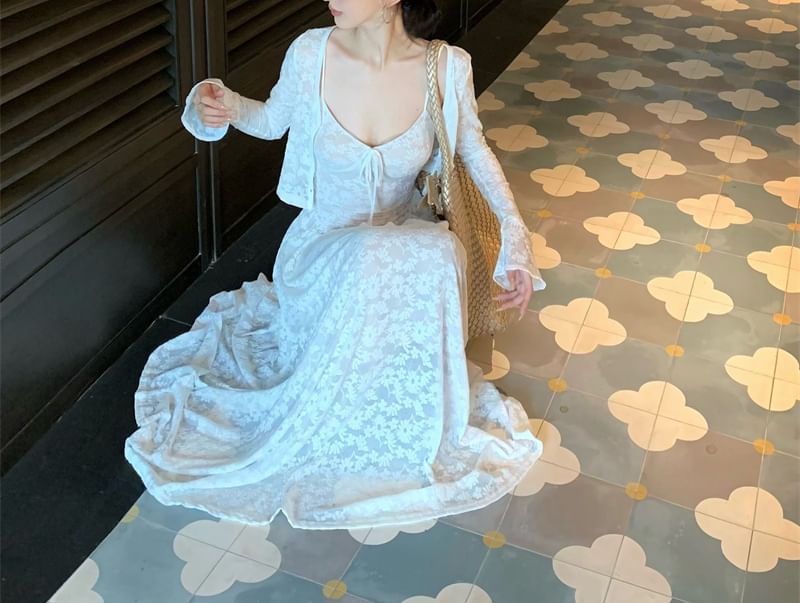 Jacquard Dress Maxi Strap Bolero A-Line Floral / Spaghetti