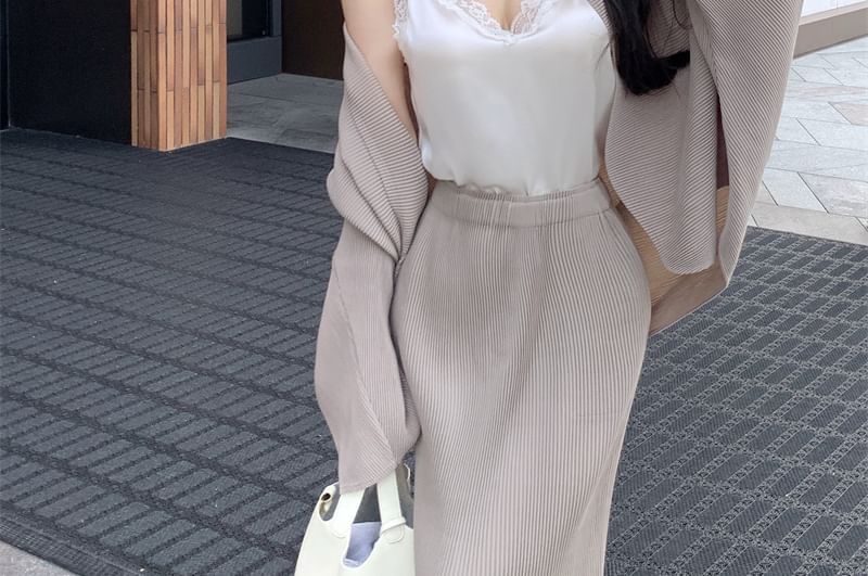 V-Neck High Pencil Open Waist Fringe Skirt Maxi Jacket Top Camisole Plain Trim / Front Lace