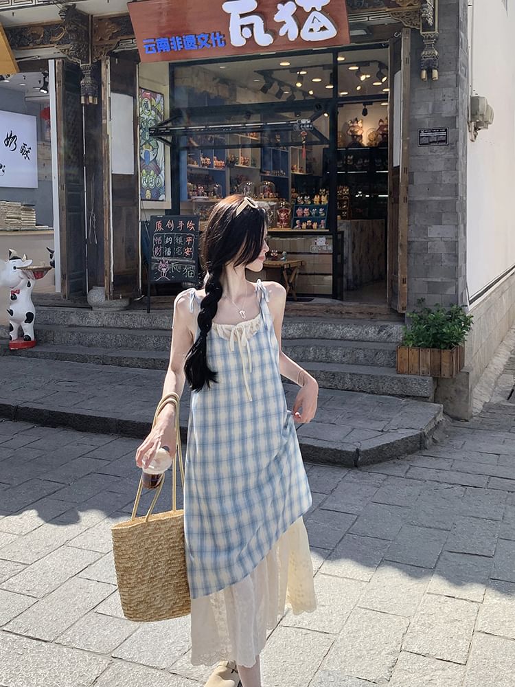 Plaid Lace Trim Mock Two-Piece Maxi Sundress with Spaghetti Straps