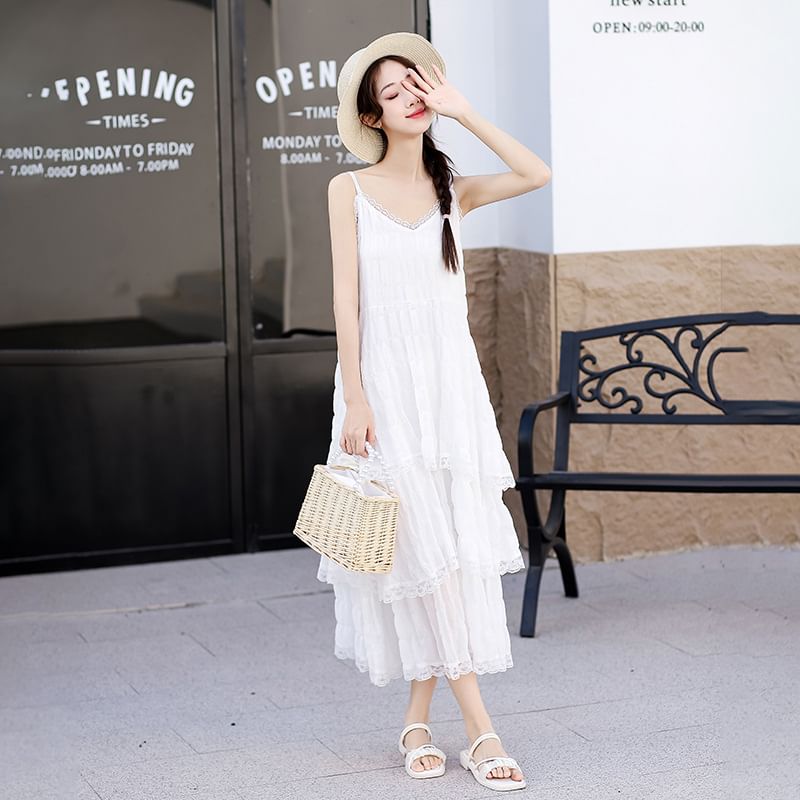 Lace Maxi A-Line Dress with V-Neck and Thin Straps