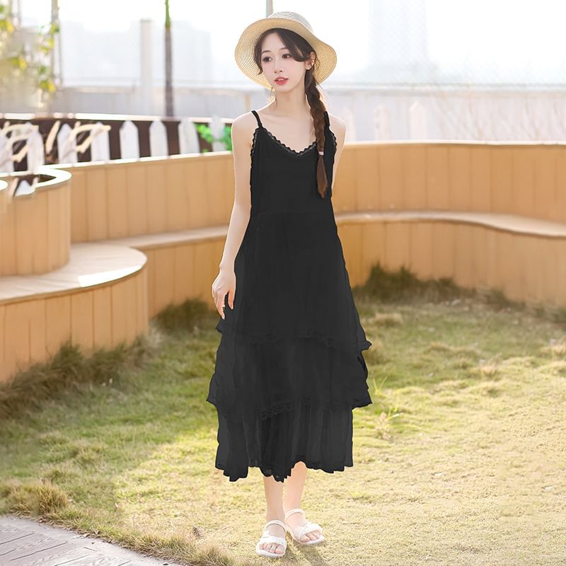 Lace Maxi A-Line Dress with V-Neck and Thin Straps
