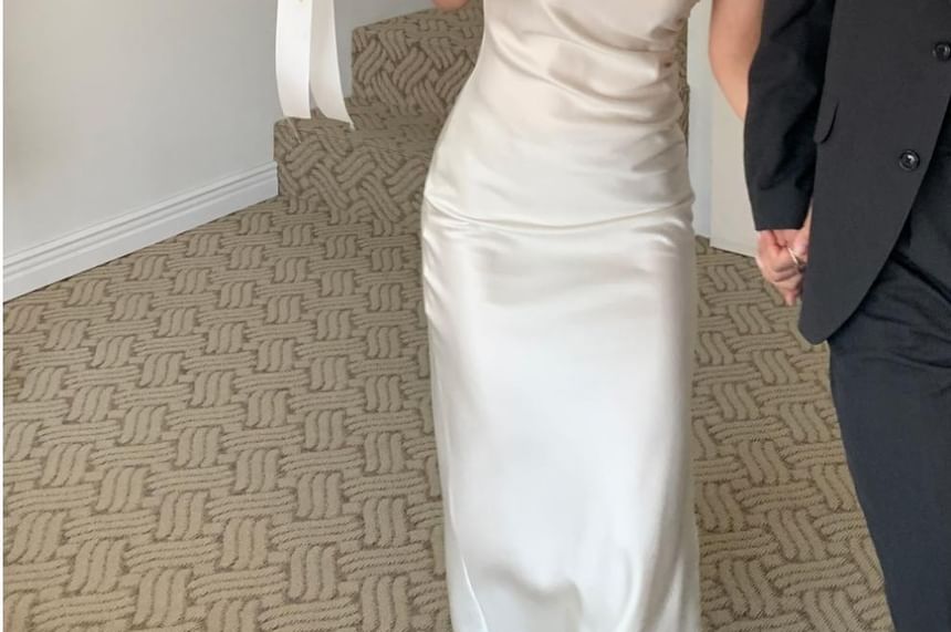 Satin Midi Bodycon Dress with Tie-Shoulder Detail