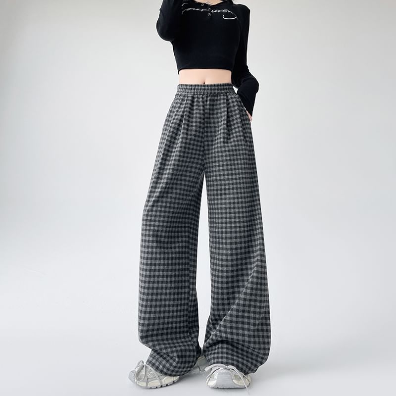 (Various Elastic Designs) Leg Plaid Pants Wide Waist