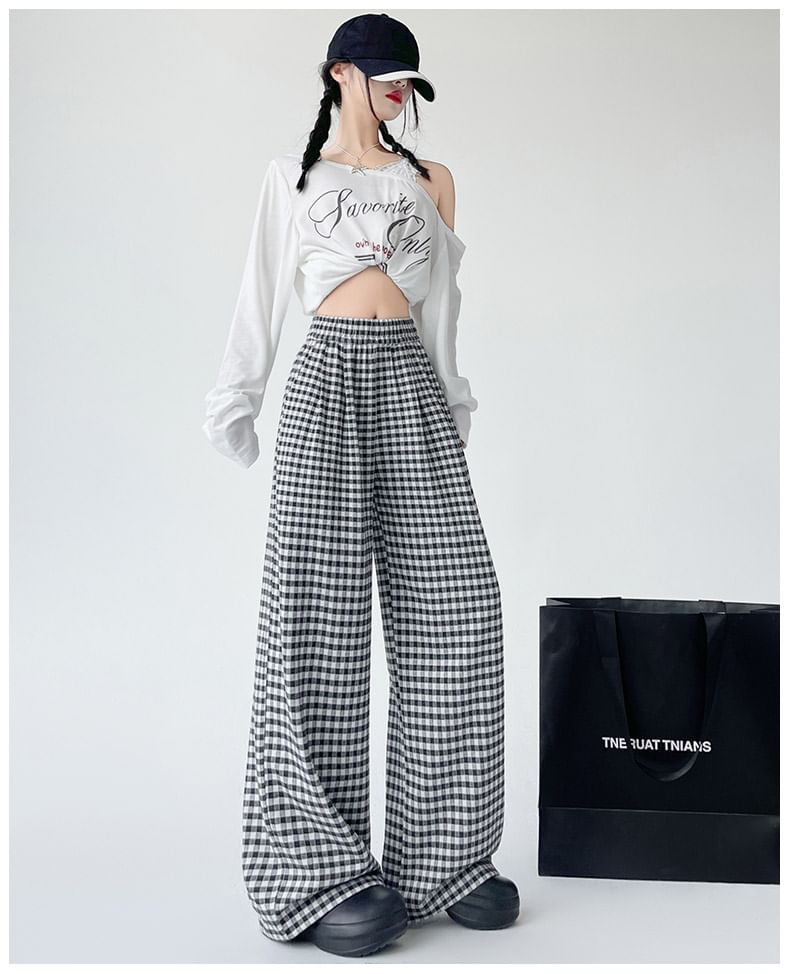 (Various Elastic Designs) Leg Plaid Pants Wide Waist
