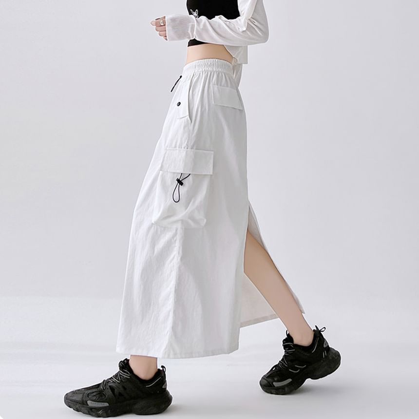 Skirt Midi Slit A-Line Cargo Plain Waist Drawstring